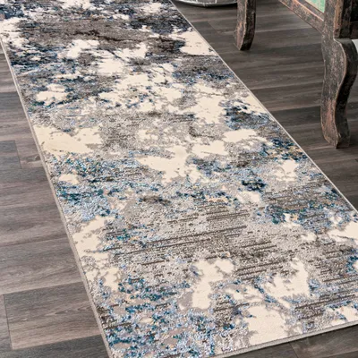 Produktbild von Mazovia Teppich Läufer Flur - Modern Teppichläufer – Kurzflor, Weich - für Vorzimmer Eingangsbereich Schlafzimmer Küche Korridor - Abstrakt Muster 80 cm Breite - Beige Blau Grau 80 x 300 cm
