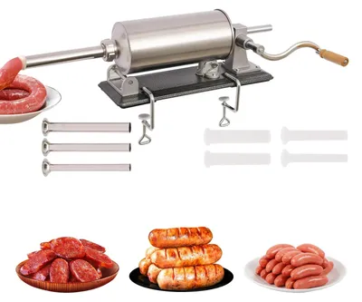 Produktbild von Wurstfüller 4 l - Manuelle vertikale Wurstpresse - 8 Füllrohre (4 Edelstahl, 4 Kunststoff) - Fleischfüller für Haushalt & Gewerbe - Silber