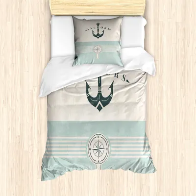 Produktbild von ABAKUHAUS Nautisch Mantele, Vintage Marine Anker, Milbensicher Allergiker geeignet mit Kissenbezügen, 135 cm x 200 cm - 80 x 80 cm, Seafoam Black Beige