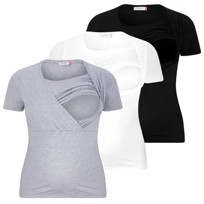 Produktbild von Stillshirt 3er Set Damen – Umstandsmode Umstandsshirt Stillzeit, 95 % Baumwolle, Schwarz Weiß Hellgrau, Gr. XL
