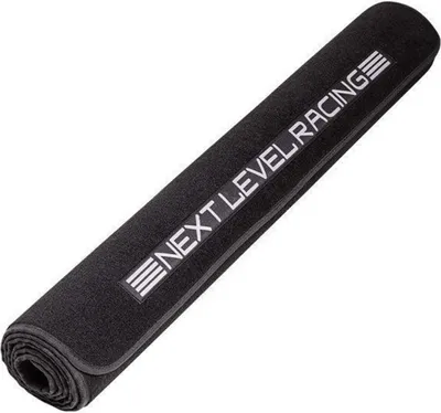 A rolled-up black mat with white text on it.