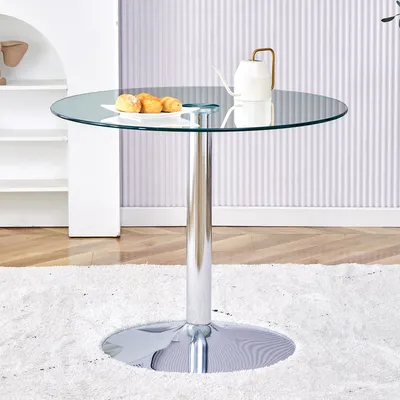 Image de Table ronde moderne en verre, Ø 85 cm – Table à manger design avec pieds métalliques aspect bois – Table de cuisine minimaliste pour 2 à 4 personnes – Hauteur 76 cm