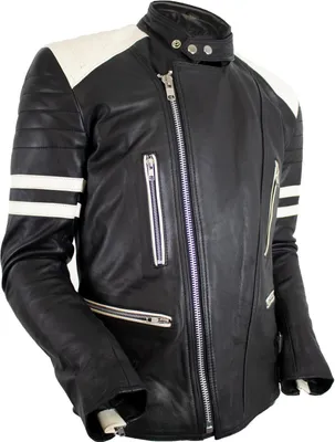 Produktbild von Retro Motorrad Lederjacke 80´s oldschool in schwarz weiß Protektoren Winddicht(L)