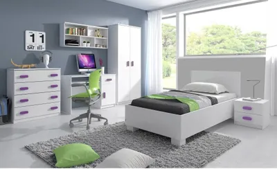 Produktbild von Kinderzimmer-Set Bett Schrank Wandregal Kommode Schreibtisch Nachttisch Weiß/Weiß mit erikafarbiegen Griffen ohne Matratze Jonas I 01)