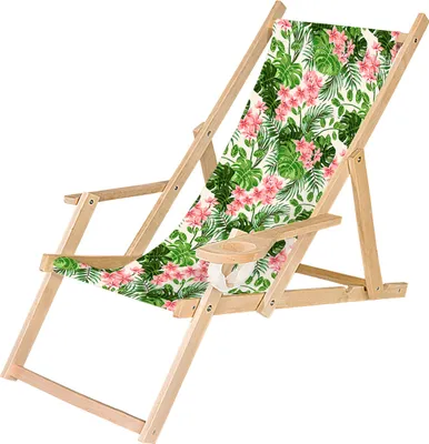 Holz Liegestuhl Klappbar Klappliegestuhl mit Armlehne und Getränkehalter Strandstuhl Motiv Palm Hell [119]