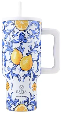 Produktbild von Estia | Thermobecher - Isolierbecher - Trinkbecher mit Strohhalm und Deckel - 900 ml - blau weiß