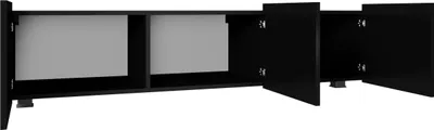A black TV lowboard with three open doors, showing the interior compartments.