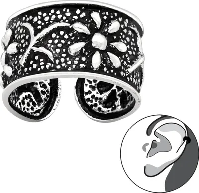 Produktbild von Ear Cuff 925 Sterling Silber oxidiert Ohrklemme mit Blumen