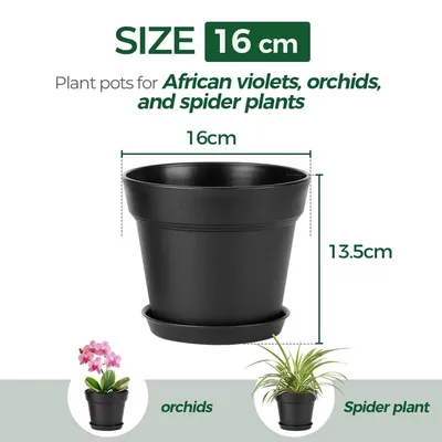 Image de Pot de fleurs - Plastique - Noir - 16 cm - Lot de 6 avec soucoupes