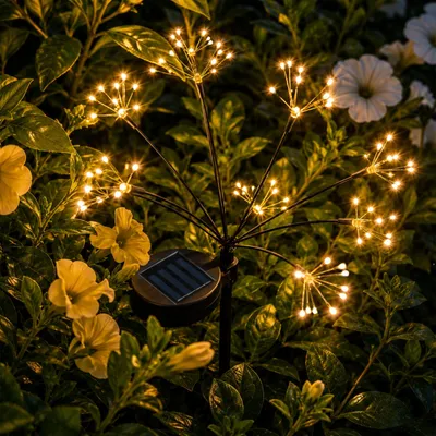 Zdjęcie produktu dla LUMILED Solarne lampy ogrodowe do użytku zewnętrznego, zestaw 2 sztuk. Lampy solarne "Pusteblume" z 80 diodami LED, wysokość 70 cm. Solarne lampy do wbijania w ziemię z 2 trybami, klasa IP44, ciepła biel (2700K). Dekoracje ogrodowe w stylu "fireworks" do tarasu, balkonu, patio, podwórka i ścieżek. Zestaw 2 sztuk. Lampy oświetlające ścieżki, oświetlenie ogrodu