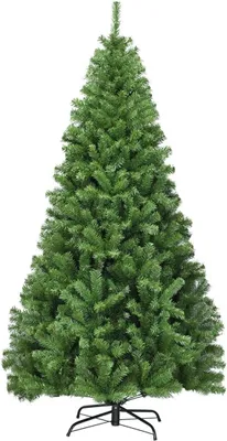 A full shot of a green artificial Christmas tree on a white background.