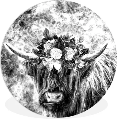 Produktbild von MuchoWow® Rundes Wandbild - Runde Bilder Schottischer Highlander - Tiere - Blumen - Schwarz - Weiß Ø 60 cm Kreis Wanddekoration Kunststoff - Wandkreis - Wandschmuck - Wand Kreis - Das Schlafzimmer - Die Bilder - Wandmalerei - Kunst für das Haus - das Plastik