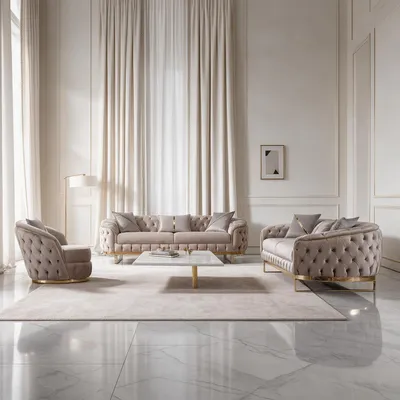 Produktbild von Sofa Set MIRA in Beige, Modernes Wohnsofa mit Knopfheftung, 3-Sitzer+3-Sitzer+Sessel