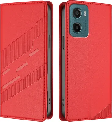 A red flip case for a smartphone is shown from two angles, open and closed.