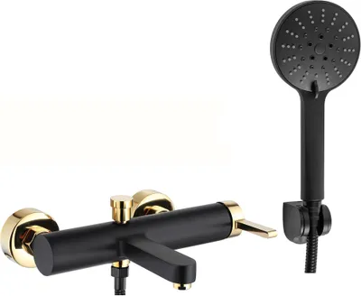 A black and gold bathtub faucet and showerhead set against a white background.