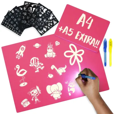Produktbild von Maltafel Zaubertafel Kinder A4 und A5 6 Schablonen 2 UV Stift A4 + A5 Rosa