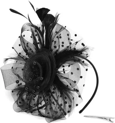 Produktbild von Vintage Frauenhut mit Schleier und Vogelkäfig - Schwarz - für Hochzeit und Ascot - mit Federhaube