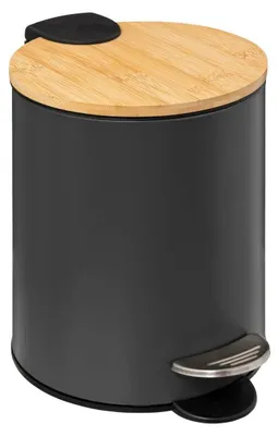 Imagen del producto de Cubo de basura metálico gris con tapa de bambú, de 3 litros, para baño y cocina
