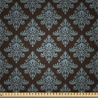 Produktbild von ABAKUHAUS Damast Satin Stoff als Meterware, Klassisches Blumenverzierungs-Diagonalmuster-altmodische barocke Blätter, 3 M (148 x 300 cm), Dunkelbraun und Blau Grau