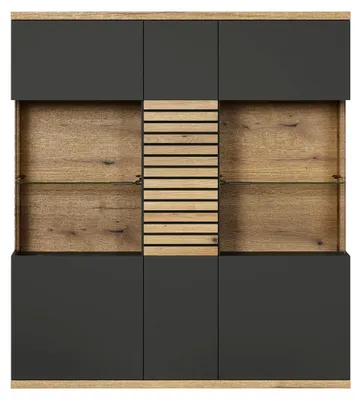 Produktbild von Norris - Vitrine - Anthrazit/Evoke Eiche - Highboard mit 15 Fächern - (BxHxT) 131 x 147 x 38 cm - Soft-Close-Türen und Vollauszug-Schubladen - kratzfest