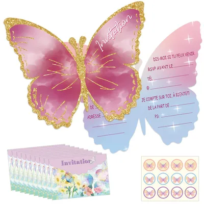 12 Einladungskarten Schmetterling mit Umschlägen & Stickern