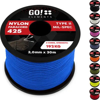 Produktbild von GO!elements 30m Paracord Seil aus reißfestem Nylon - 3mm Paracord 425 Typ II max. 192kg - Schnüre als Outdoor Seil, Allzweckseil, Survival Seil, Armband, Hundeleine, Nylonschnur, Farbe: Blau