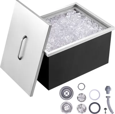 Obrázok produktu pre VEVOR zásuvný box na ľad, chladiaci box na ľad z nehrdzavejúcej ocele s objemom 30,25 l, 508 x 355 x 308 mm Komerčný box na ľad s krytom, zabudovaná truhlica na ľad, vypúšťacia rúrka a vypúšťacia zátka sú súčasťou dodávky