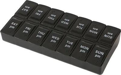 Produktbild von Pillendose mit Buchstaben, Doppelreihen, 14 Fächer, unabhängiger Deckelverschluss, feuchtigkeitsbeständig, 7 Tage wöchentliche Tablettenbox, Heimbedarf