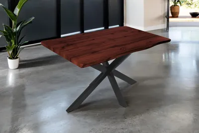 Produktbild von Esstisch Josy | 140 x 80 cm | Holz Nussbaum-Optik | Spider-Gestell Metall schwarz | 40 mm Tischplatte mit Baumkante | Tisch für Esszimmer & Küche