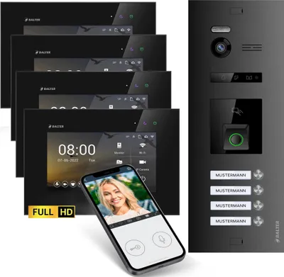 Produktbild von HD Video Türsprechanlage mit Fingerprint RFID und Smartphone App für 4 Familienhaus, 4x Monitore