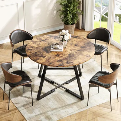 Obrázek produktu pro UnboxG Kulatý jídelní stůl Ø120 cm, jídelní stůl se 4 dílnou deskou z MDF a robustním kovovým rámem, kuchyňský stůl v industriálním designu, s odkládacím prostorem - vintage hnědá/černá