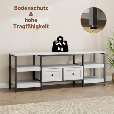 Zdjęcie produktu dla Szafka pod telewizor - stolik RTV - do telewizorów do 216 cm - szerokość 200 cm - 2 szuflady i 5 otwartych półek - metalowa konstrukcja w industrialnym stylu - drewno lite - kolor biały