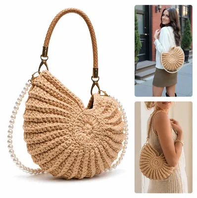 Produktbild von Muscheltasche handgehäkelt Boho – Perlenkette, 26x27cm | Für Strand, Hochzeit, Sommer, Geschenk