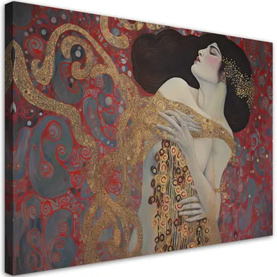 Produktbild von Leinwandbild Frau in roter Abstraktion – G. Klimt 60x40 Feeby Gold bild für die wand bereit zum aufhängen