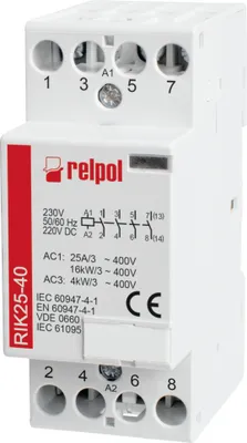 Obrázok produktu pre RIK25-40-230 - Inštalačný stykač 4-pólový, 4 rozpojené kontakty, 25 A 230 V AC/DC