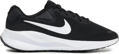 A black Nike running shoe with a white sole and white Nike swoosh logo.