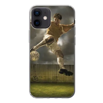 Produktbild von MuchoWow® Handyhülle Schutzhülle Hülle für iPhone 12 Eine Illustration eines Fußballspielers, der den Ball schießt - Jungen - Kinder Silikon Softcase Handy Hülle - Schutzhülle