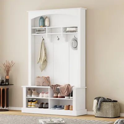 Image de OKWISH Meuble d'entrée - Meuble de Rangement Entrée avec Porte‑Manteaux et Banc, 3 Crochets et Étagères Ajustables - 120x40x190 cm, Blanc