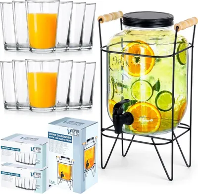 Zdjęcie produktu dla Vilde dozownik do napojów z kranem Szklany dozownik z kranem i stojakiem 4,2 litra + szklanki do picia 12 szt. 200 ml