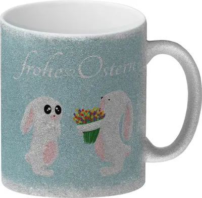 Produktbild von Frohe Ostern Glitzer-Kaffeebecher mit süßen Häschen