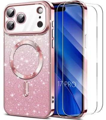 Image de Coque + 2 Verres Trempés pour iPhone 17 Pro, Protection avec Cercle Magnétique - Rose Scintillant