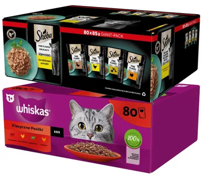 Produktbild von Whiskas Klassische Mahlzeiten Katzenfutter Sauce 80x85g + Sheba in Gelee 80x85g