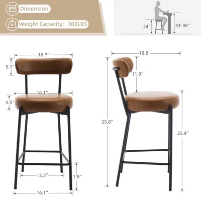Obrázek produktu pro Sada dvou barových stoliček - Polstrovaná barová židle, výška 76 cm - Pohodlné sedadlo a opěradlo - Stabilní kovová konstrukce - Vhodné do kuchyně a baru - Barva: hnědá