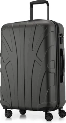 A single, medium-sized, graphite-colored hard-shell suitcase with four wheels is shown against a white background.