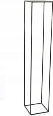 A tall, thin, black metal stand with a square base and top, shown against a white background.