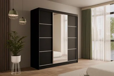 Produktbild von ALTDECOR Kleiderschrank mit Spiegel und Schiebetüren,  Garderobenschrank mit viel Stauraum, Schwebetürenschrank, Schrank V2-LOFTIA 215x200 cm Schwarz