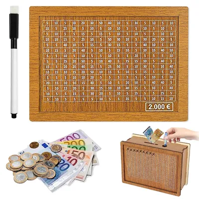 Produktbild von Spardose aus Holz mit Zahlen zum Abhaken, Retro-Sparschwein, Sparziel für Kinder, wiederverwendbar mit Sparziel und Zahlen zum Abhaken (2000 €)