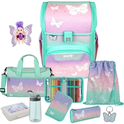 Produktbild von Scooli Schulranzen 1. Klasse Mädchen Butterfly Wishes EasyStart 9tlg.Set mit Sporttasche, Brotdose, Trinkflasche, Fairy-Püppchen