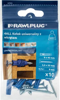 Zdjęcie produktu dla KOŁEK UNIWERSALNY KOŁKI UNIWERSALNE 8 x 40mm Z WKRĘTEM 5,0 x 50mm 10 SZTUK