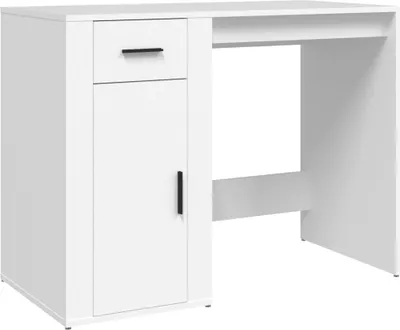 A white desk with a drawer and a cabinet on a white background.